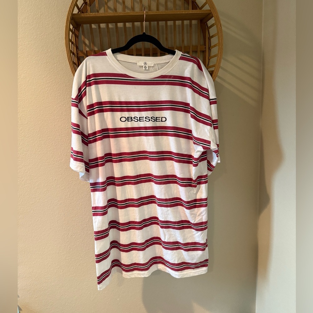 Striped Oversized T Shirt Dress with Obsessed embroidered on it